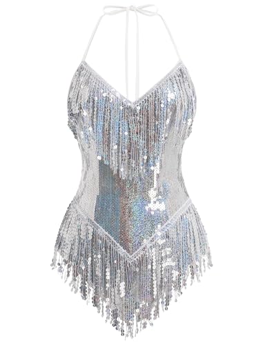 IBAKOM Sexy Glitter Sequins Fringe Bodysuit Halter Lace Up Back Jazz Latin Dance Tassel Leotard Adult Acrobat Circus Trapeze Artist Costume Dancing Queen Rave Concert One Piece Outfits Silver S