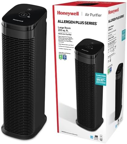 Honeywell HPA175B Allergen Plus Series Compact HEPA Air Purifier Tower, Allergen Reducer for Large Rooms (200 sq ft), Black - Wildfire/Smoke, Pollen, Pollen, Pet Dander & Dust Air Purifier