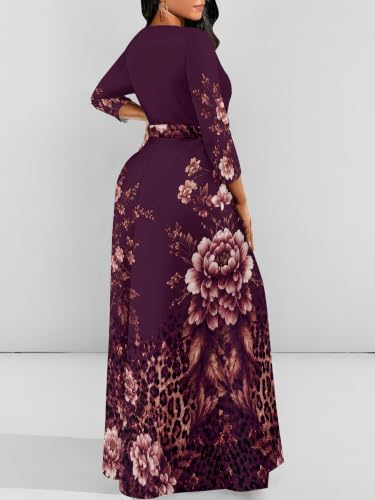 Image of PinkPatty Women's Plus Size V Neck 3 /4 Sleeve Wrap Maxi Dress with Belt