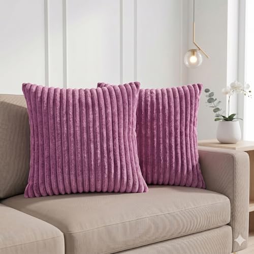 Image of Yellow Weaves Pencil-Stripe Fur Cushion Covers | Soft Polyester | Decorative Sofa & Throw Pillow Covers | 16x16 Inches, Pack of 2 (Purple)