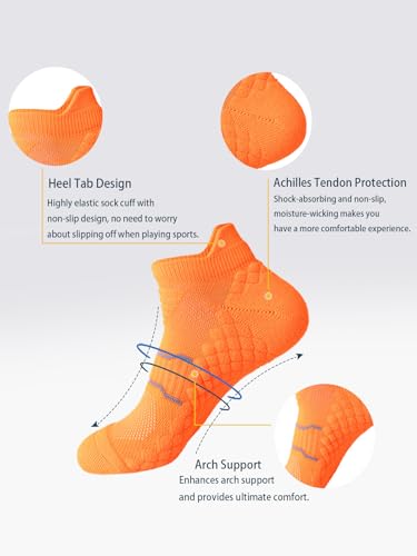 Mens Orange Ankle Socks 5 Pairs Athletic Running Socks Towel Bottom Shock Absorbing Breathable Low Cut Socks 8-132