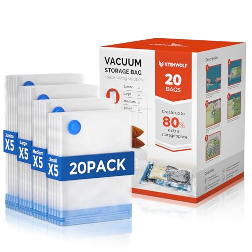 ETENWOLF 20 Pack Vacuum Storage Bags, Vacuum Seal Bags for Clothes and Travel, Space Saver Bags in Multiple Carry-On Sizes, Perfect for Luggage and Su