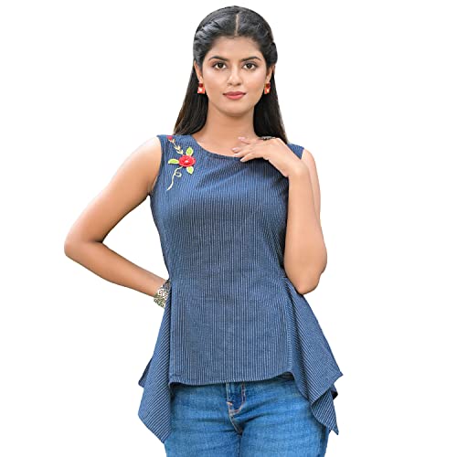 Yash Gallery Women's Cotton Embroidered Straight Top for Women (Medium, Blue)