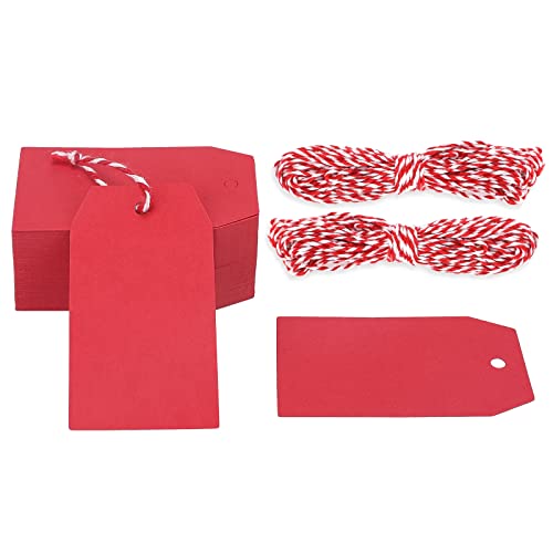 G2PLUS 100 peças etiquetas de papel kraft 4 x 7 cm - etiquetas de presente vermelho kraft com corda de juta para trabalhos manuais, Natal, aniversário