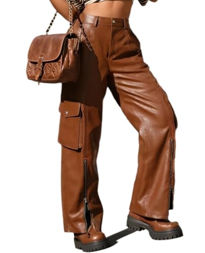 NIFTRIRY Women Brown Faux Leather Cargo Pants Multi Pocket Wide