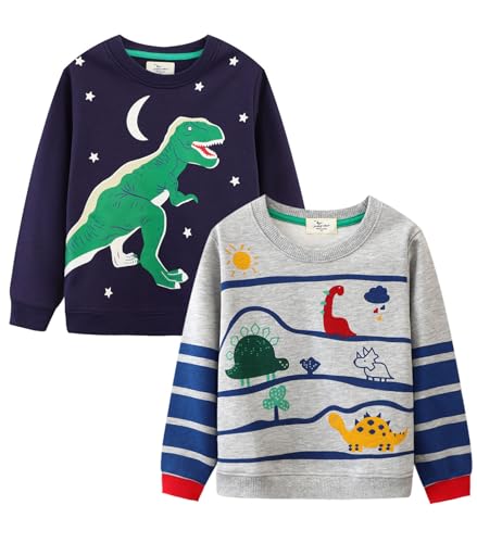 Image of LOKTARC Toddler Boys Graphic Crewneck Sweatshirts 2-Pack, Sizes 2T-7 | Cotton Blend French Terry, Dinosaur, Construction and Shark Graphics, Ribbed Trim, Preschool Daycare Outdoor