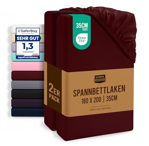 Utopia Bedding - 2er Set Spannbettlaken 180x200cm - Burgunderrot - Oeko-Tex Zertifiziertes - Gebürstete Mikrofaser Spannbetttuch - 35 cm Tiefe Tasche