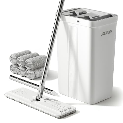 JOYMOOP Mop and Bucket Set with Wringer, Flat Mops for Floor Cleaning, Wall Mop Cleaner with Long Handle, Hardwood Floor Mop with 6 Microfiber Pads