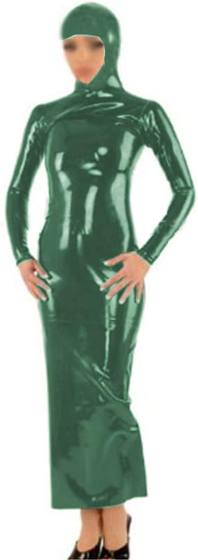 Womens Sexy Turtleneck Latex Maxi Party Dresses Long Sleeve Wet Look Latex Hooded Long Dress Novelty Zipper Front