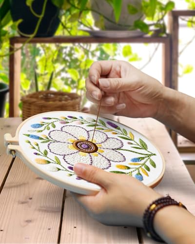 Image of TINDTOP Embroidery Kit for Adult, 3 Pack Embroidery DIY Starter Kit, with Stamped Patterns, Hoop, Tools, Colorful Threads with Needles, Instructions (Flower Cup) | with Stamped Patterns, Hoop, Tools, Colorful Threads with Needles, Instructions (Flower Cup)