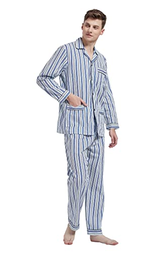 Amaxer Pijama de algodón de Manga Larga para Hombre, Amplio y cómodo, con Estampado de Rayas, Bolsillos y cordón de Ajuste,Rayas Azules y Amarillas entrelazadas,M