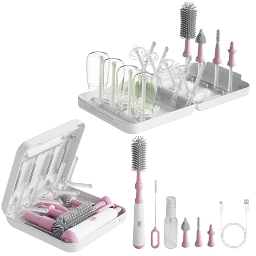 Image of Powerful Electric Baby Bottle Brush Cleaner Set,Complete with Silicone Bottle/Nipple/Gap/Straw Brushes,Plus a Dispenser and Foldable Drying Rack,Effort Electric Cleaning Brush,Portable Travel Set
