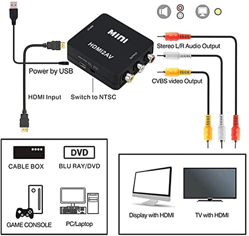 XPMY RCA to HDMI Adapter, AV to HDMI Converter, 1080P to HDMI CVBS AV Composite Video Audio Adapter for PC Laptop Mini Xbox PS2 PS3 TV STB VHS VCR Camera DVD