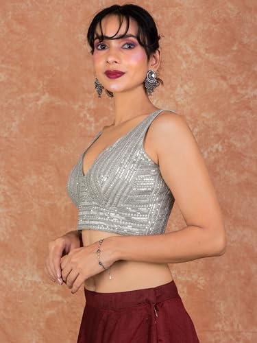 Image of FIGURE'S DESIGNER Women's Sequin Embroidered SabyaSachi Cut Sweetheart V Neck Sleeveless Readymade Saree Blouse E30