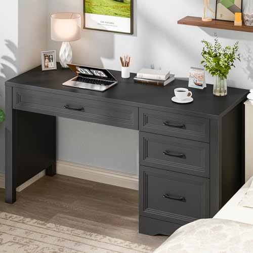 Image of Vabches Farmhouse Executive Desk with Storage and Ample File Drawer, Rustic Large Home Writing Desk for Bedroom, Pure Black