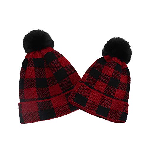 FYBITBO Newborn Baby Knit Beanie Hat with Pompom Winter Hat Warm Woolen Cap for Parent-Child Hat (0-3 Months,Black Red Plaid Knit Beanie Hat)