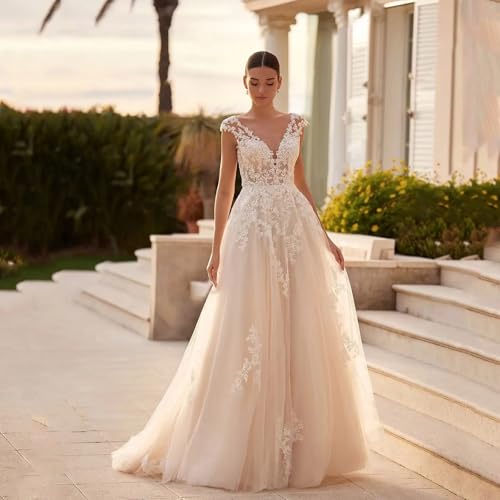 V Neck Wedding Dresses for Bride 2025 Plus Size Tulle A-Line Lace Applique Long Bridal Gowns with Train2