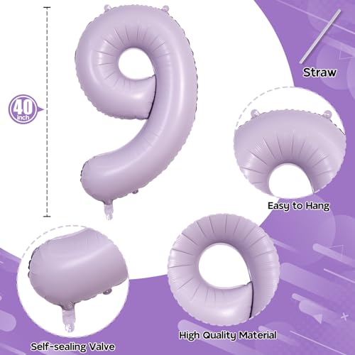 Image of Dusty Pastel Purple Number 9 Balloons, 40 Inch Large Light Purple Foil Number Balloons Set 0-9 for Girls, Globos de Numero 9 Helium Balloon for 9th Age Birthday Anniversary Party Decorations Supplies