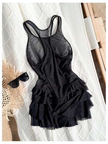 MakeMeChic Women's Bathing Suit Cover Up Sleeveless Mesh Sheer Tiered Ruffle Dress Beach Cover Ups2