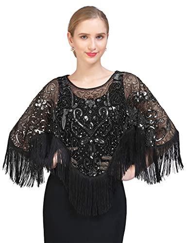 Z&X Women's 1920s Beaded Sequin Shawl Wrap Fringed Evening Party Cape Wedding Bridal Cover Up Scarf (#07 Black)