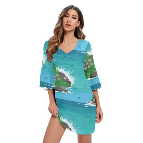 Robe trapèze à manches 3/4 col en V robe imprimée fleurs sauvages bleu