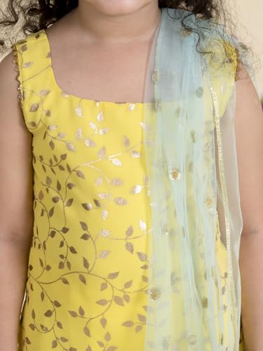 Image of Pspeaches Girls Ethnic Yellow Embroidered Georgette Sleeveless Square Neck Kurti & Sharara with Dupatta 3 Piece Set