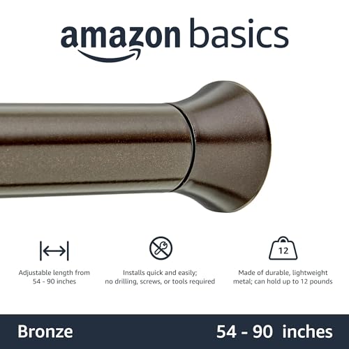 Image of Amazon Basics No Drill Spring Tension Curtain Rod, Adjustable 54-90 inch Width, Bronze, Classic Finial