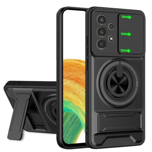 Image of AESTMO Samsung A33 5G Back Cover | Armor Camera Slider 360 Degree Rotating Finger Ring Holder Case with Bracket Stand Back Case Cover (Compatible with MagSafe Accessories) (Black)