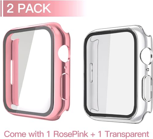 Image of Misxi 2 Pack Hard PC Case with Tempered Glass Screen Protector Compatible with Apple Watch Series 9 (2023) Series 8 Series 7 41mm, Ultra-Thin Cover for iWatch S9 /S8 /S7, 1 Rose Pink + 1 Transparent