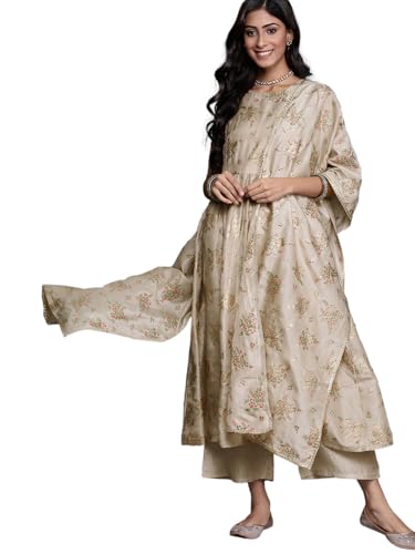 Image of Libas Printed Silk Blend A-Line Kurta With Palazzo and Dupatta