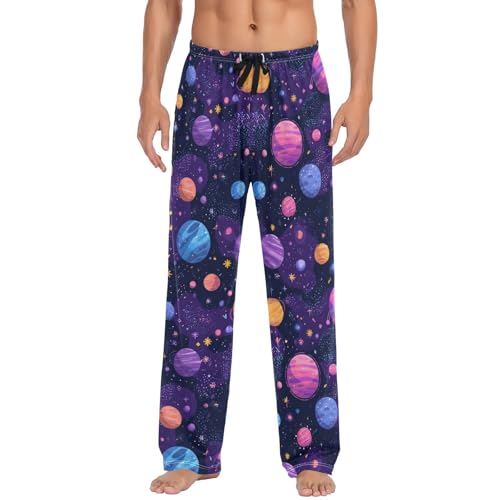 Men's Pajama Pants Stars Planet Pajama Pants for Men PJs Bottoms Drawstring Pockets Purple Sleep Lounge Pants S