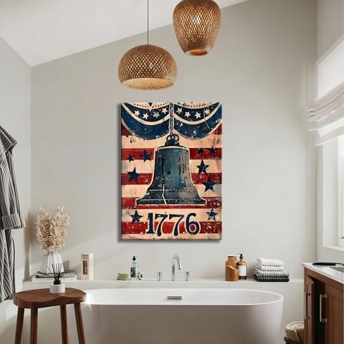 Image of RIBNTAK Made in USA Rustic 1776 Liberty Bell with American Flag Canvas, Retro Patriotic Sign Artwork for 4th of July, Independence Day, Memorial Day Home Decoration
