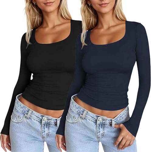 Lista de Camisetas interiores deportivas para Mujer - los más vendidos. 45 TXC-JY 2 Pack Camiseta De Manga Larga con Cuello Cuadrado para Mujer,Camiseta Básica Ajustada,Ropa Interior Térmica,Body Básico (MX/US, Alfa, Mediano, Regular, Regular, Negro +...