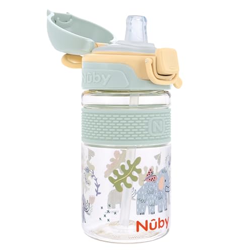 Nuby Thirsty Kids Flip-It Bolt Toddler Cup with Push-Button Locking Flip-Top and Silicone Spout - 12 oz - Easy-Grip and Spill-Resistant - 18+ Months - Mammoths