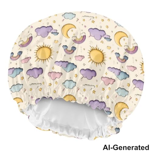 Image of Kids Hair Cover Elastic Satin Bonnet Sleep Cap for Boys Girls Beanie Hat with Adjustable Band for Night Sleeping Headwear for Toddler Children Baby, Rainbow Cloud Sun Printed