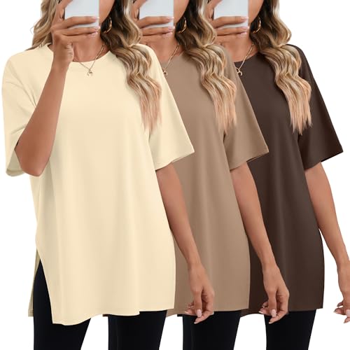 Geyoga 3 Pack Damen Oversize Sport Shirts Kurzarm mit Seitenschlitzen Rundhalsausschnitt lässige Weite Basic für das Training(Dunkelbraun Kaffee Aprikose S)