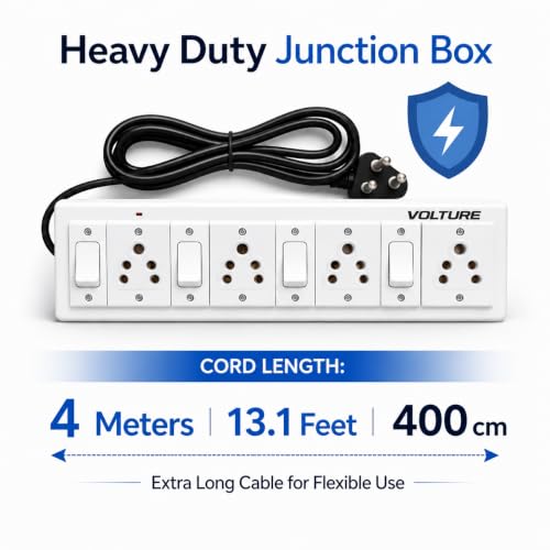 Image of VOLTURE Heavy Duty 4 Socket Extension Board with 4 Individual Switches | Spike Guard | 4 Meter Heavy Cable | High Load Multipurpose Junction Box for Home & Office Appliances