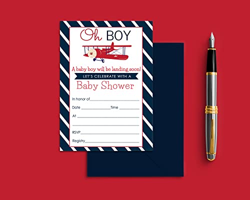 Airplane Baby Shower Invitations With Envelopes (15 Pack) Personalize Blank Invites For Boys Baby Shower Sprinkle – Landing Soon Theme Red White And Blue Printed 4X6 Size Cards - Paper Clever Party #TOP3