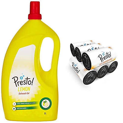 Image of Amazon Brand - Presto! Dish Wash Gel - 2 L (Lemon) And Oxo-Biodegradable Garbage Bags, Medium (19 X 21 Inches) - 30 Bags /Roll (Pack Of 6)