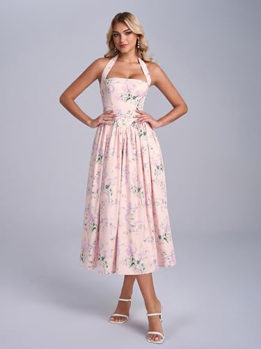 Image of Parthea Women's Floral Halter Corset Midi Dress 2026 Elegant Smocked Flowy Wedding Guest Dresses with Pockets