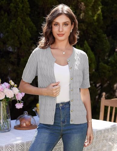 Image of GRACE KARIN Women's Short Sleeve Button Up Cardigan Sweater 2025 Cable Knit Open Front Fall Cardigan Sweater XL Light Gray
