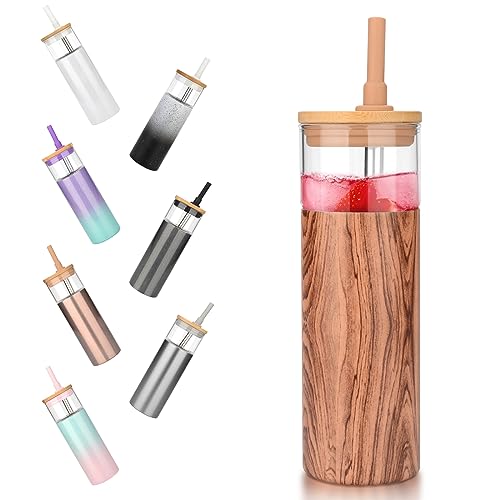 Tronco 20 oz Vacuum Insulated Glass Tumbler with Lid and Straw - Keeps Drinks Cold for 12 Hrs - Reusable Glass Cup for Iced Coffee, Smoothies & Boba - Sweat & BPA Free, Dishwasher Safe, Fit