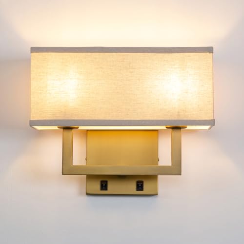 Image of Yosoan Linen Fabric Boho Wall Sconce Bedside Light with On Off Switch, 2-Light Brass Finished Hardwired Vintage Industrial Dual Wall Mount Lamp Square Shade for Bedroom Living Room Stairwell(Antique)