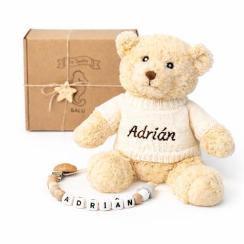 Balú - Oso Peluche Personalizado Bebe Recien Nacido + Chupetero Personalizado Madera con Nombre | Tacto Suave | Hipoalergénico | Nombre Bordado | 3 Colores Disponibles