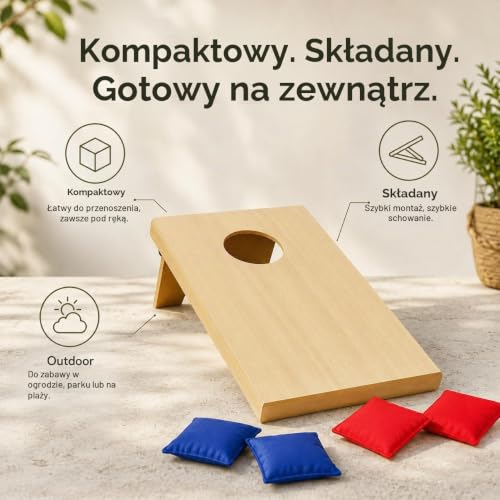 MIJOMA Cornhole zestaw do rzucania z drewna, kompaktowy 5-częściowy zestaw rekreacyjny