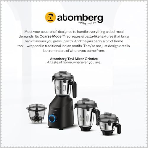 Image of Atomberg Tavi Mixer Grinder |110 V only for US & Canada | Unique Coarse Mode for Silbatta-Like Texture | Intelligent 600W Motor | 4 Jars Including Chopper Jar | Matte Black