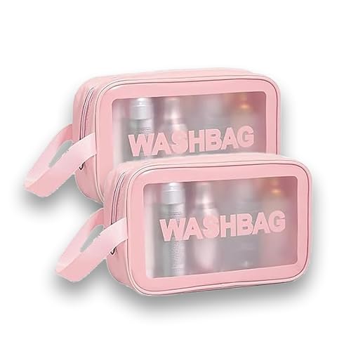 Image of Gritty Wash Bag Pouch for Travel Kit Toiletry Bag Cosmetic Bag Make Up Box for Brushes,Accessories with Handle,Large Capacity Translucent Waterproof Travel Storage Mini Size Pack of 2 (Pink)