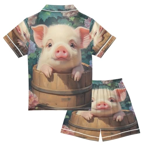 ALAZA Cute Pig Blossom Flower Satin Pajamas Set Short Sleeve Button Down Sleepwear Summer Pjs 2 Piece2