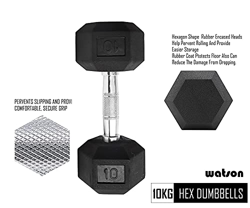 Image of Watson Solid Steel Rubber Coated Hex Dumbbell Set, 10 Kg Single Piece Home Gym Dumbbell Weight Set For Men & Women, Home Gym Equipment (Pack of 1)