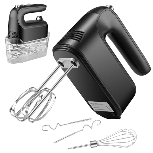 Electric Hand Mixer Whisk with Storage Case, 5 Adjustable Speeds and Turbo Function, 5 Stainless Steel Attachments for Baking, Dough, Eggs, and Cream (Black)
